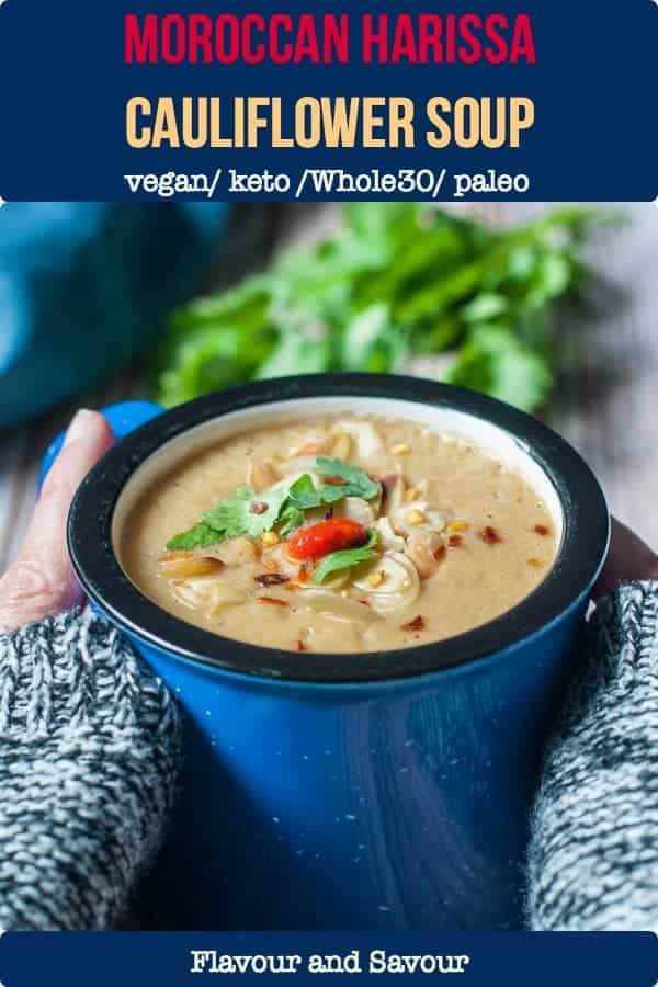 Hugging a warm bowl of Slow Cooker Moroccan Harissa Cauliflower Soup