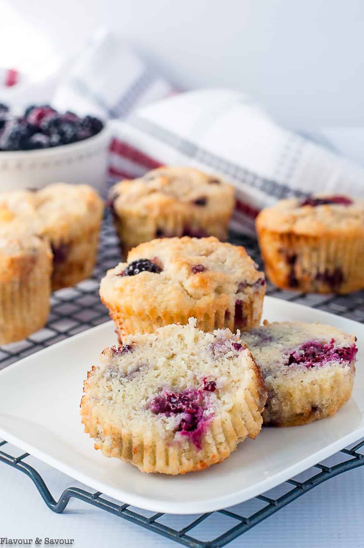 Ultra Moist Keto Blackberry Muffins on a cooling rack