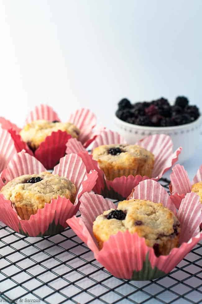 Ultra Moist Keto Blackberry Muffins in pink muffins liners