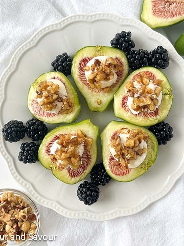 Image with text for Fresh Figs with Goat Cheese and Honey.