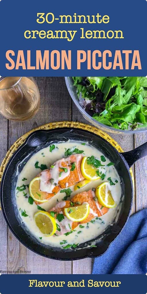 30 minute Creamy Lemon Salmon Piccata in a cast iron pan