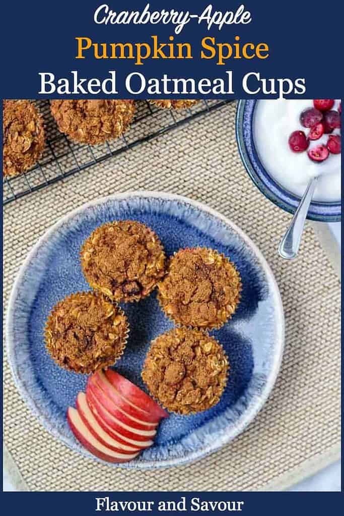 Overhead view of Baked Oatmeal cups with apple slices and yogurt with cranberries