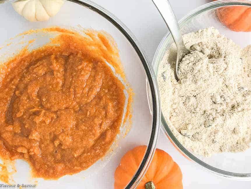 Preparing Mini Gluten-Free Pumpkin Loaf or Muffins with wet ingredients in one bowl and dry in another.
