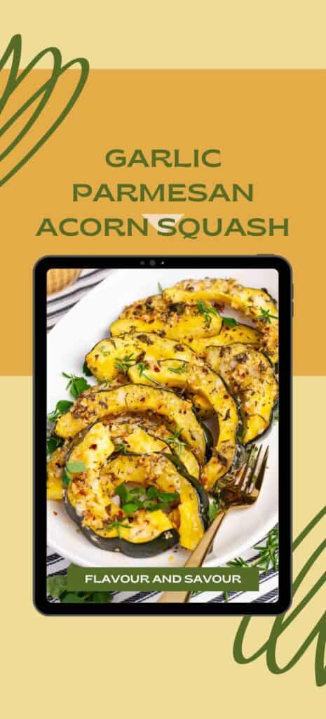 Image with text for garlic parmesan roasted acorn squash.