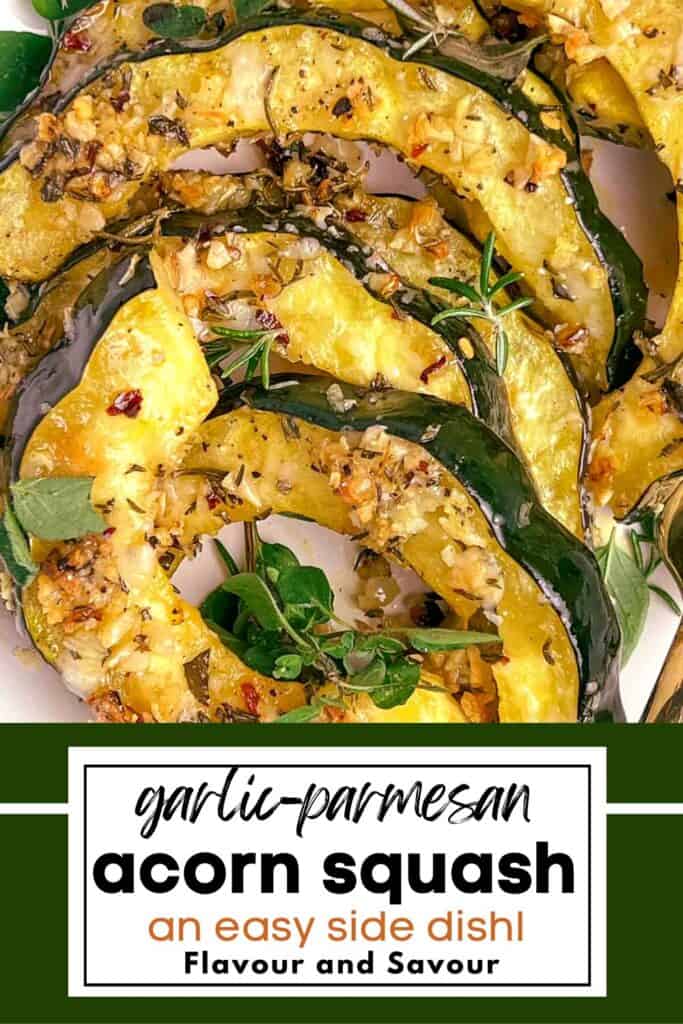 Image with text for garlic parmesan acorn squash.Garli