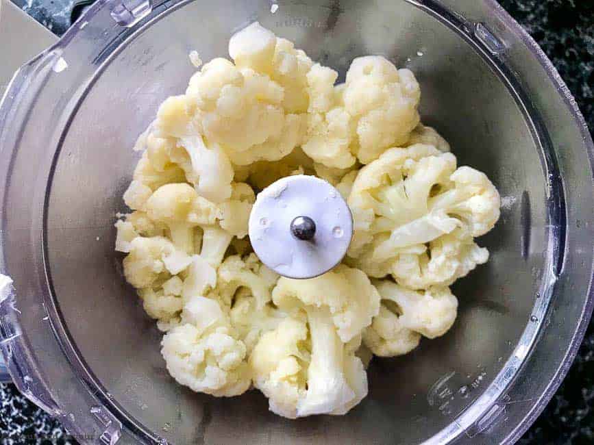 Cooked Cauliflower in food processor for Instant Pot Mashed Cauliflower