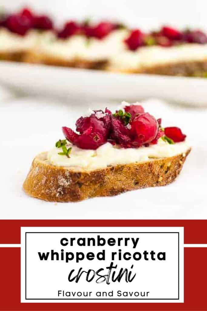 Pinterest image for cranberry whipped ricotta crostini.
