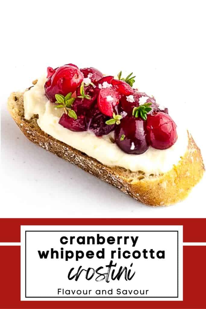 Image with text for cranberry whipped ricotta crostini.C