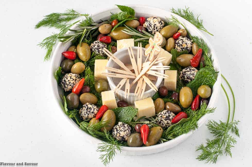 Holiday Cheese and Olive Wreath Appetizer 