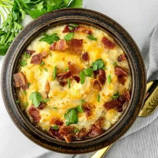 Instant Pot Mashed Cauliflower with Bacon and Cheese overhead view