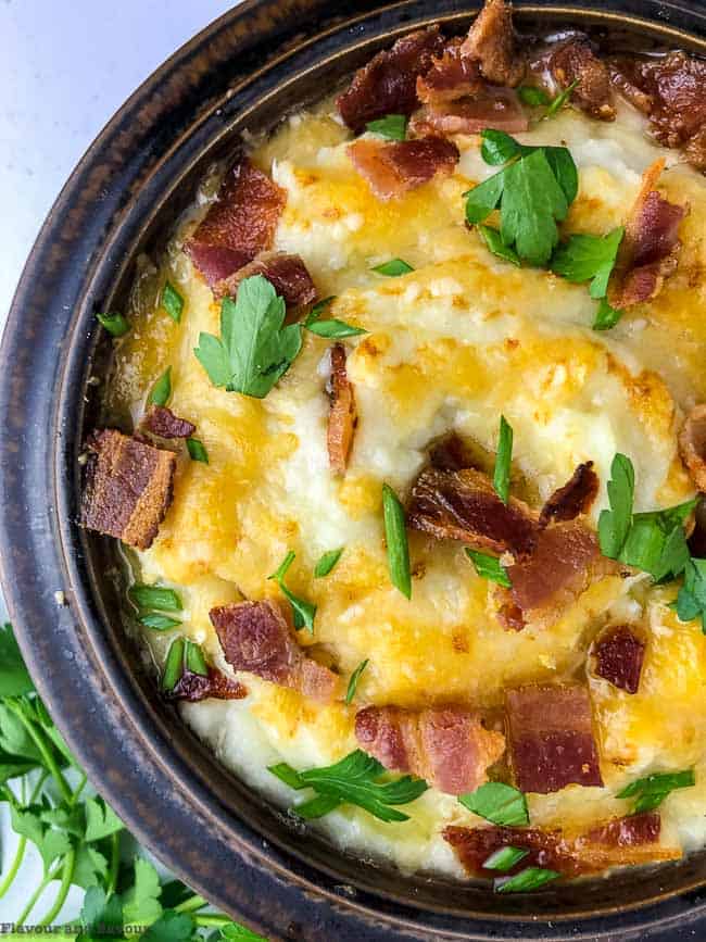 Instant Pot Mashed Cauliflower with Bacon and Cheese close up
