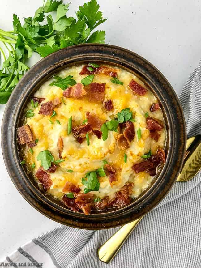 Instant Pot Mashed Cauliflower with Bacon and Cheese overhead view
