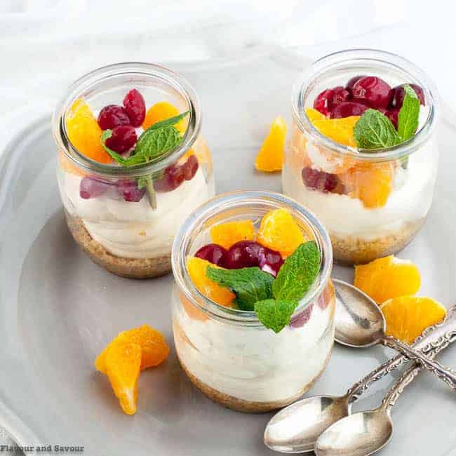 3 tiny jars of Mini Gluten-free No-bake Cranberry Orange Cheesecake