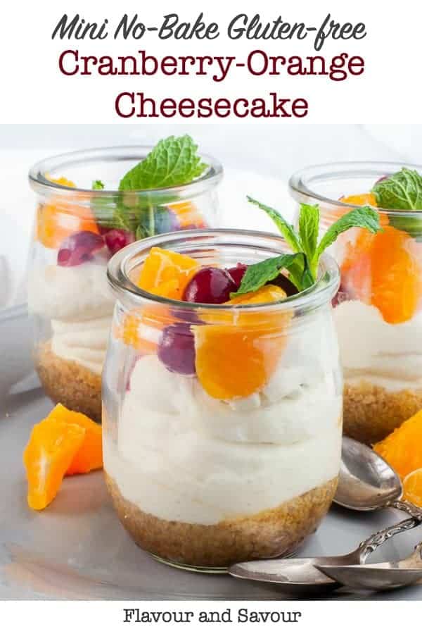 Mini Gluten-Free no-bake Cranberry Orange Cheesecake in small glasses