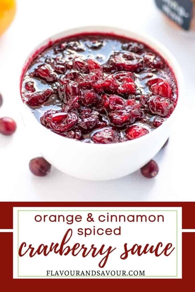 Image with text overlay for orange and cinnamon cranberry sauce