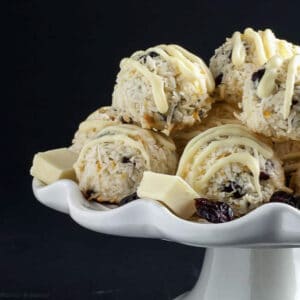 white chocolate macaroons on a cake plate