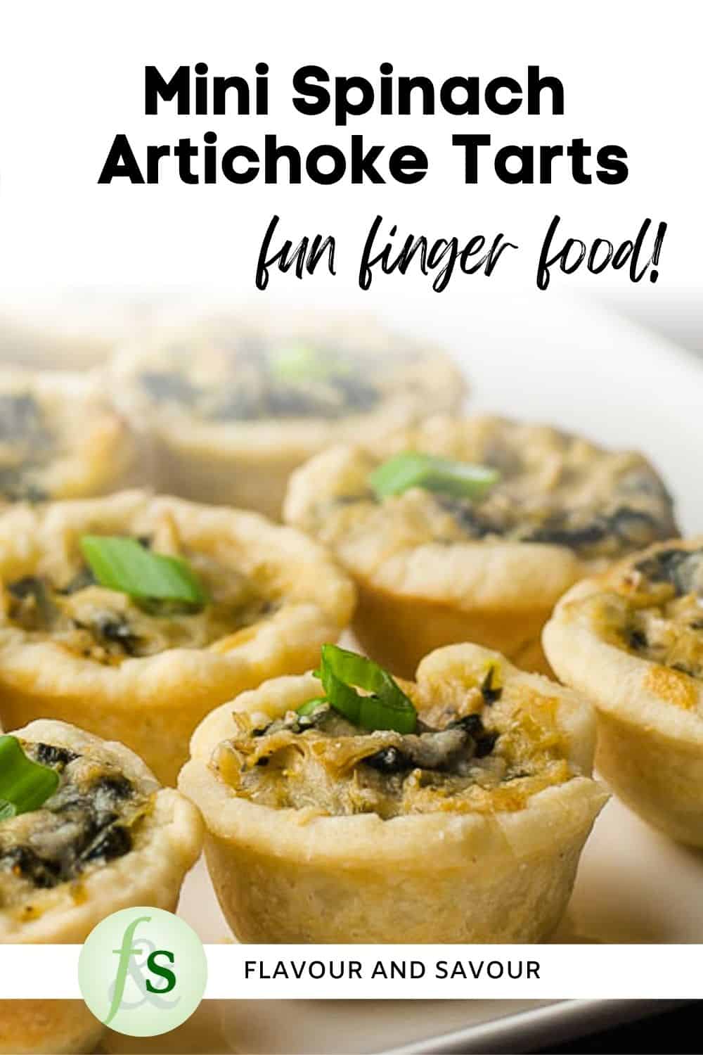 Image with text overlay for Mini Spinach Artichoke Tarts.