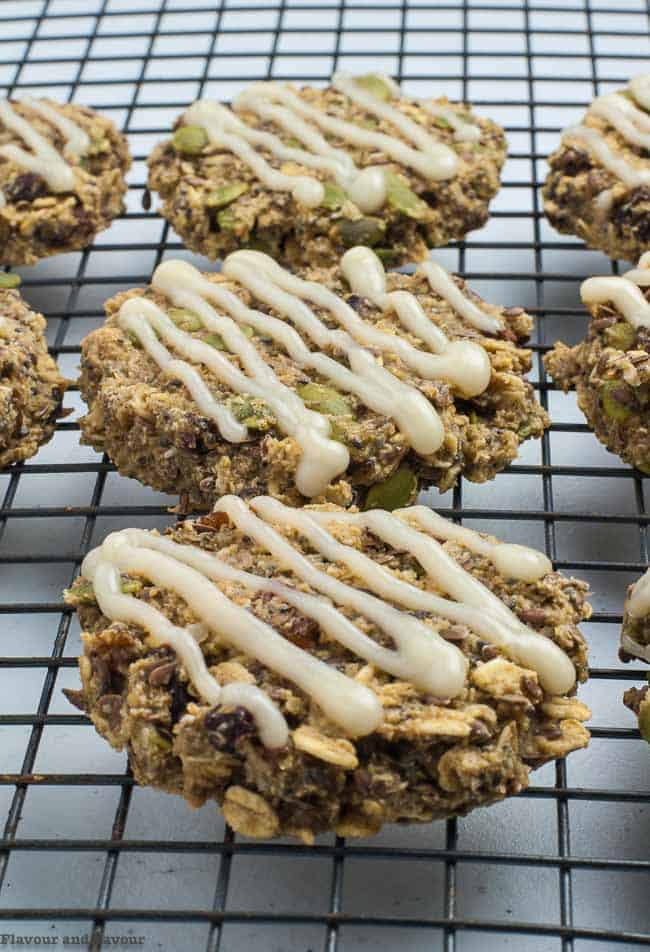 Close up view of Vegan Apple Cinnamon Oatmeal Breakfast Cookies