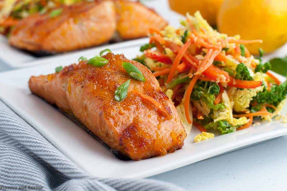 Citrus Glazed Baked Salmon with Sake served with crunchy veggies