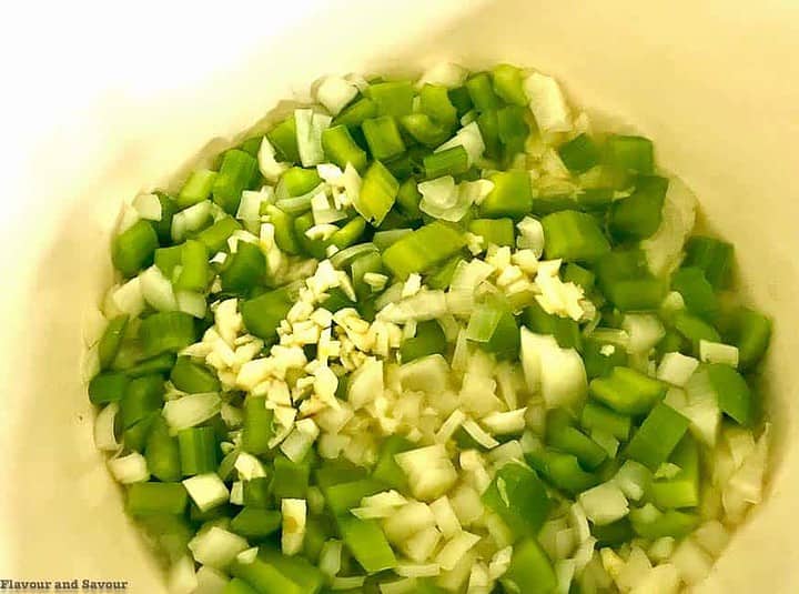 Sautéing onions and celery for corn chowder.