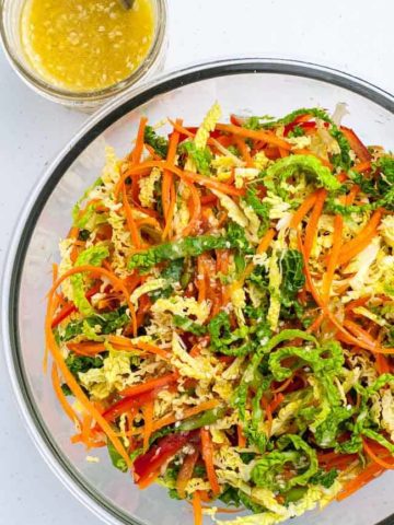 Overhead view of Crunchy Cabbage Coleslaw with Sesame Miso Dressing