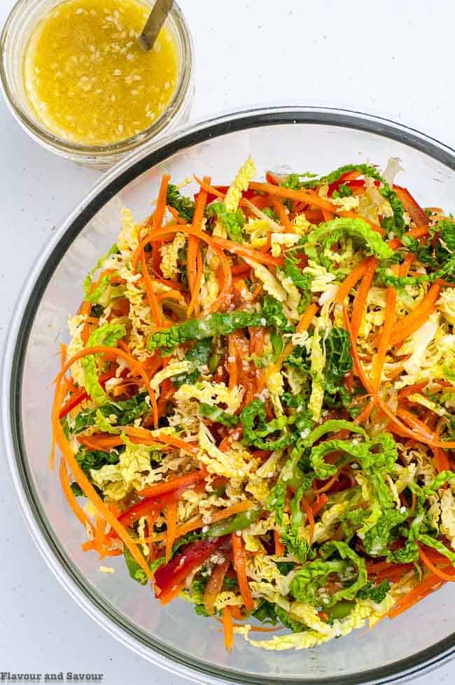 Overhead view of Crunchy Cabbage Coleslaw with Sesame Miso Dressing