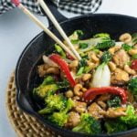 Japanese Chicken Stir Fry in Cast iron fry pan with chopsticks