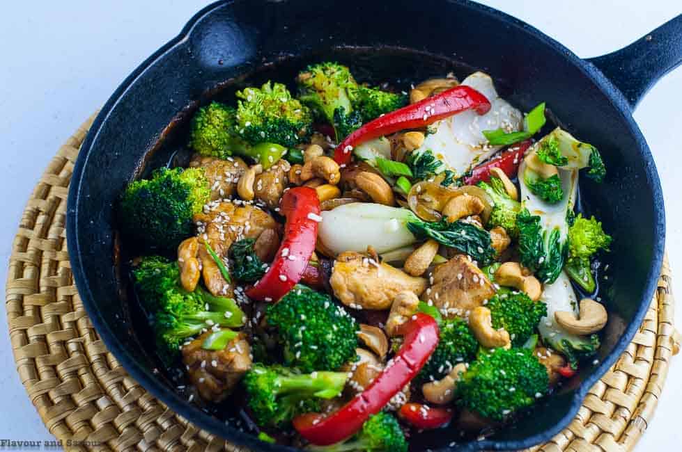 Japanese Chicken Stir Fry garnished with cashews and sesame seeds.