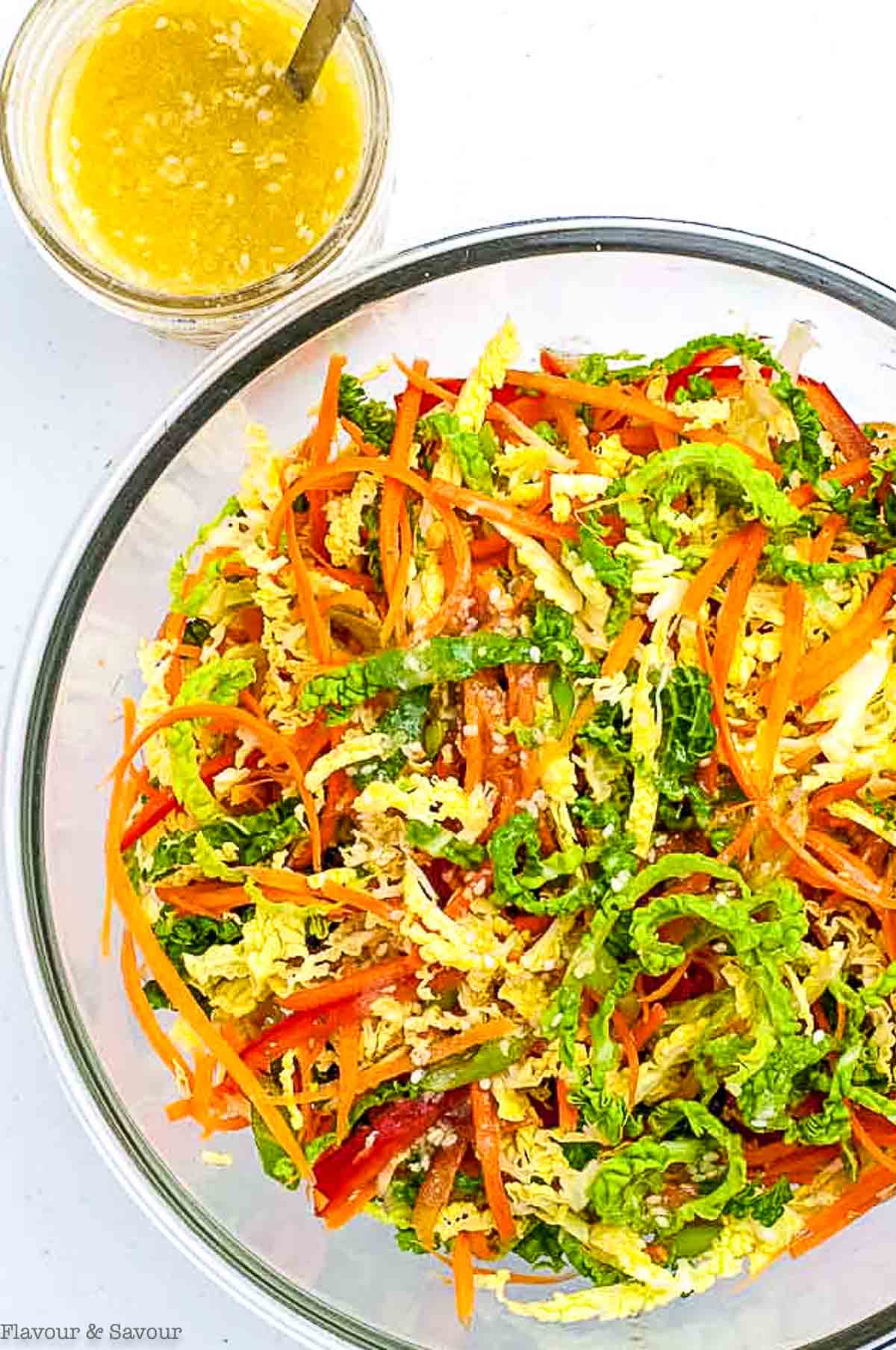 Close up view of bowl of cabbage coleslaw.
