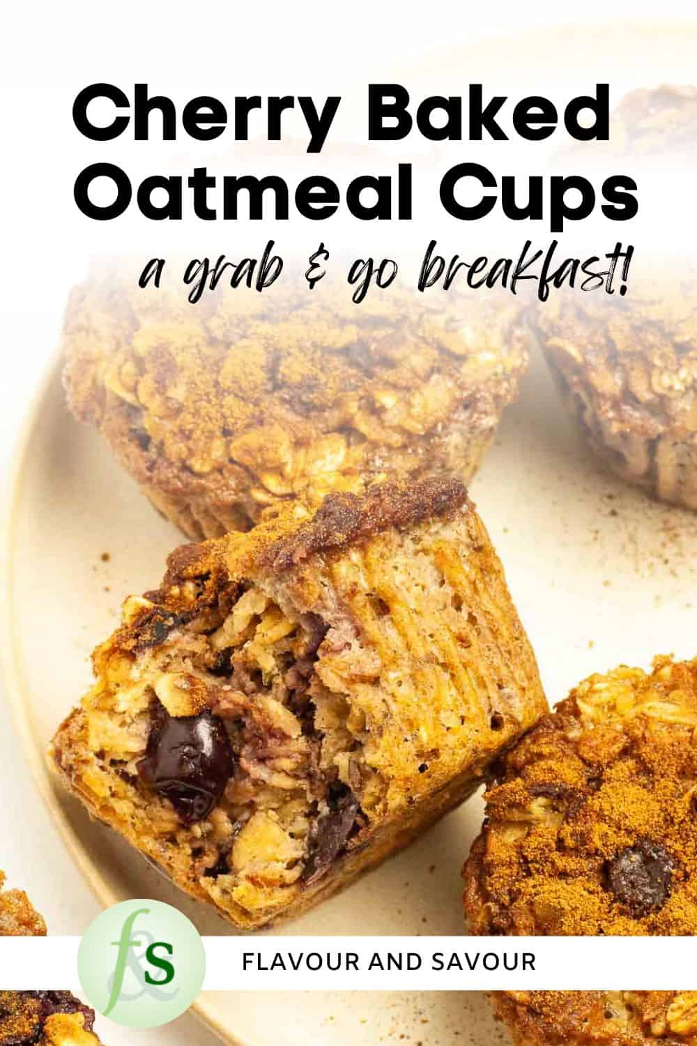 Image with text for cherry baked oatmeal cups with chia.