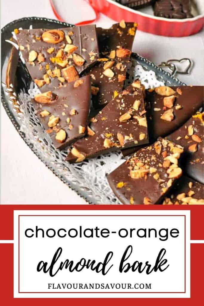 An image with text for chocolate orange almond bark.
