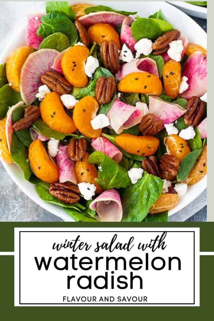 image with text for watermelon radish spinach salad