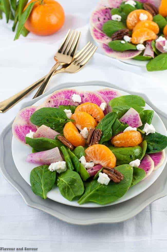 Watermelon Radish Satsuma Spinach Salad.