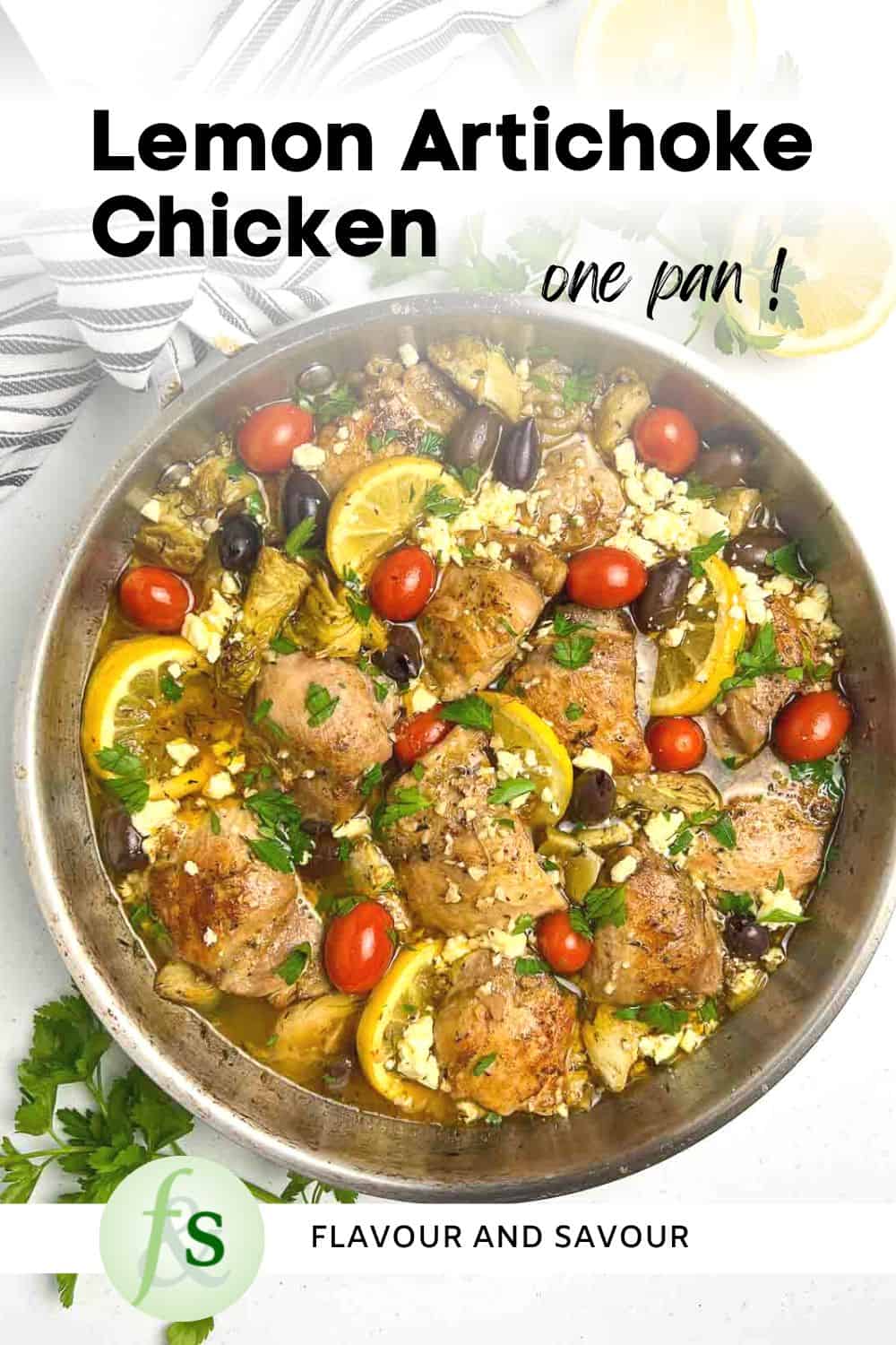 Image with text for Baked Lemon Artichoke Chicken.