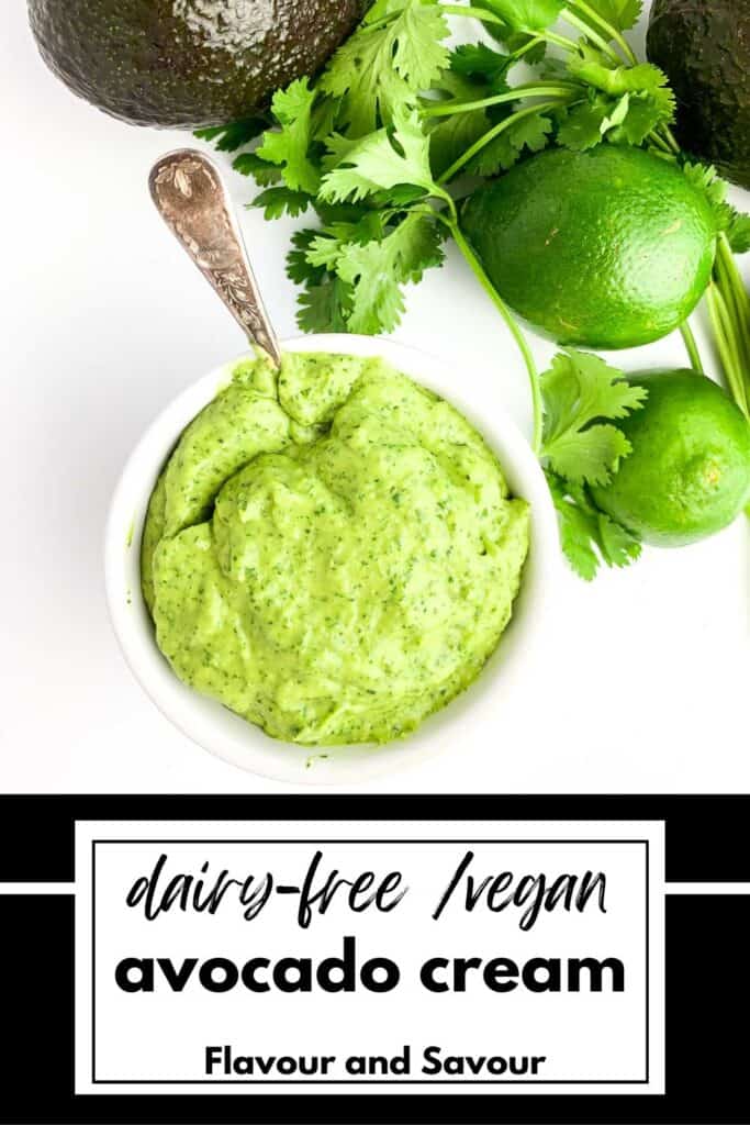 Image with text for dairy-free avocado cream sauce