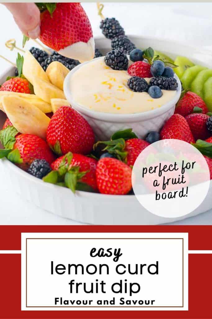 Image with text overlay for easy lemon curd fruit dip.