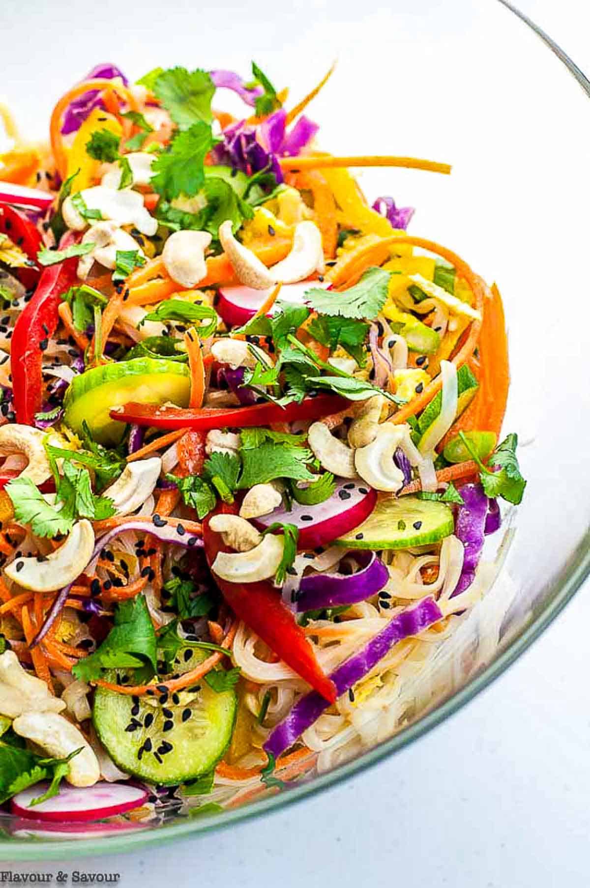 A large bowl of crunchy Thai noodle salad.