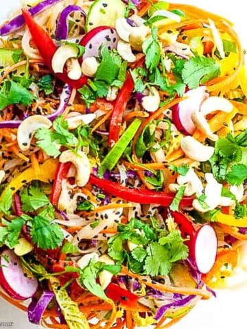 Overhead view of a bowl of crunchy Thai Noodle Salad.