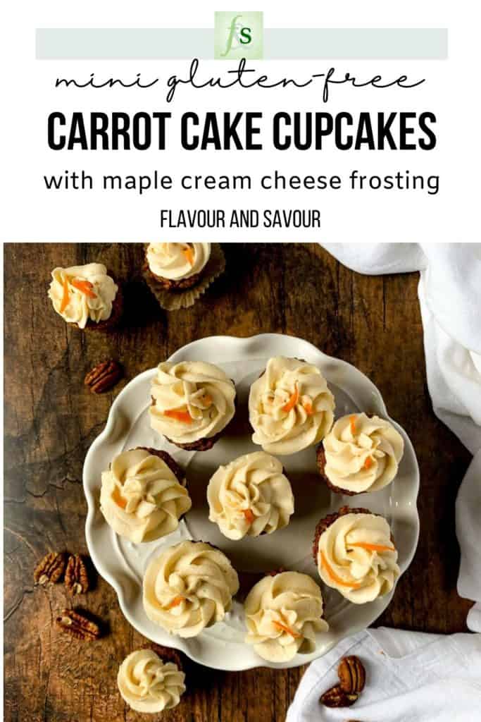 Text and Image for Mini Gluten-Free Carrot Cake Cupcakes with Maple Cream Cheese Frosting