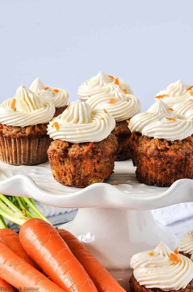 mini Grain-Free Carrot Cake Cupcakes on a pedestal
