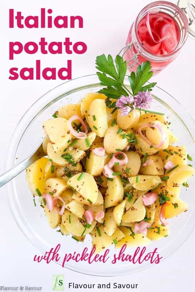 Italian Potato Salad with Pickled shallots with text overlay