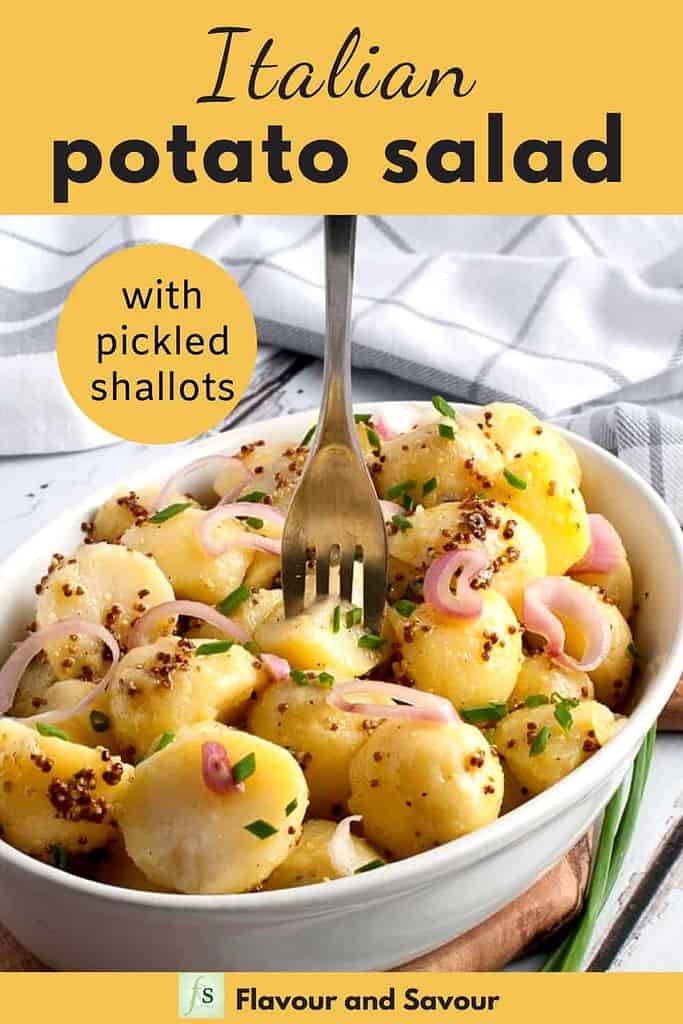 Italian Potato Salad with Pickled Shallots with text overlay
