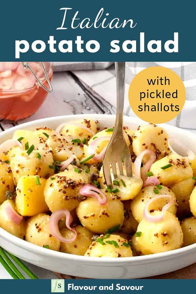 Italian Potato Salad with Pickled Shallots with text overlay