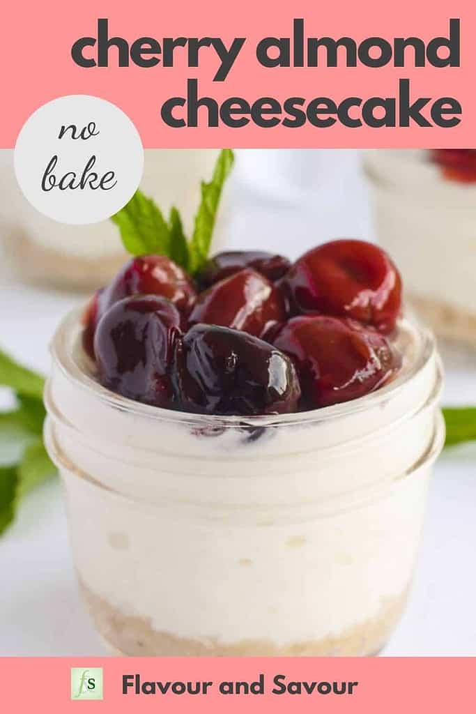 Pinterest image for Cherry Almond Cheesecake with text overlay