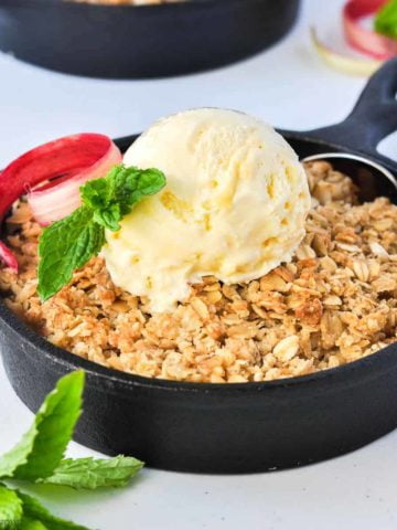 Pineapple Rhubarb Crisp in mini cast iron skillet