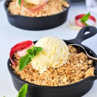 Pineapple Rhubarb Crisp baked in mini cast iron skillets.