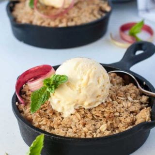 Pineapple Rhubarb Crisp in mini skillets with ice cream