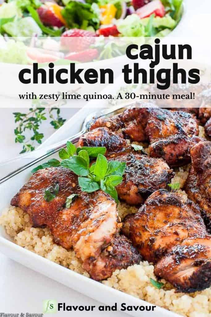 Image and text overlay for Cajun Chicken Thighs with Quinoa