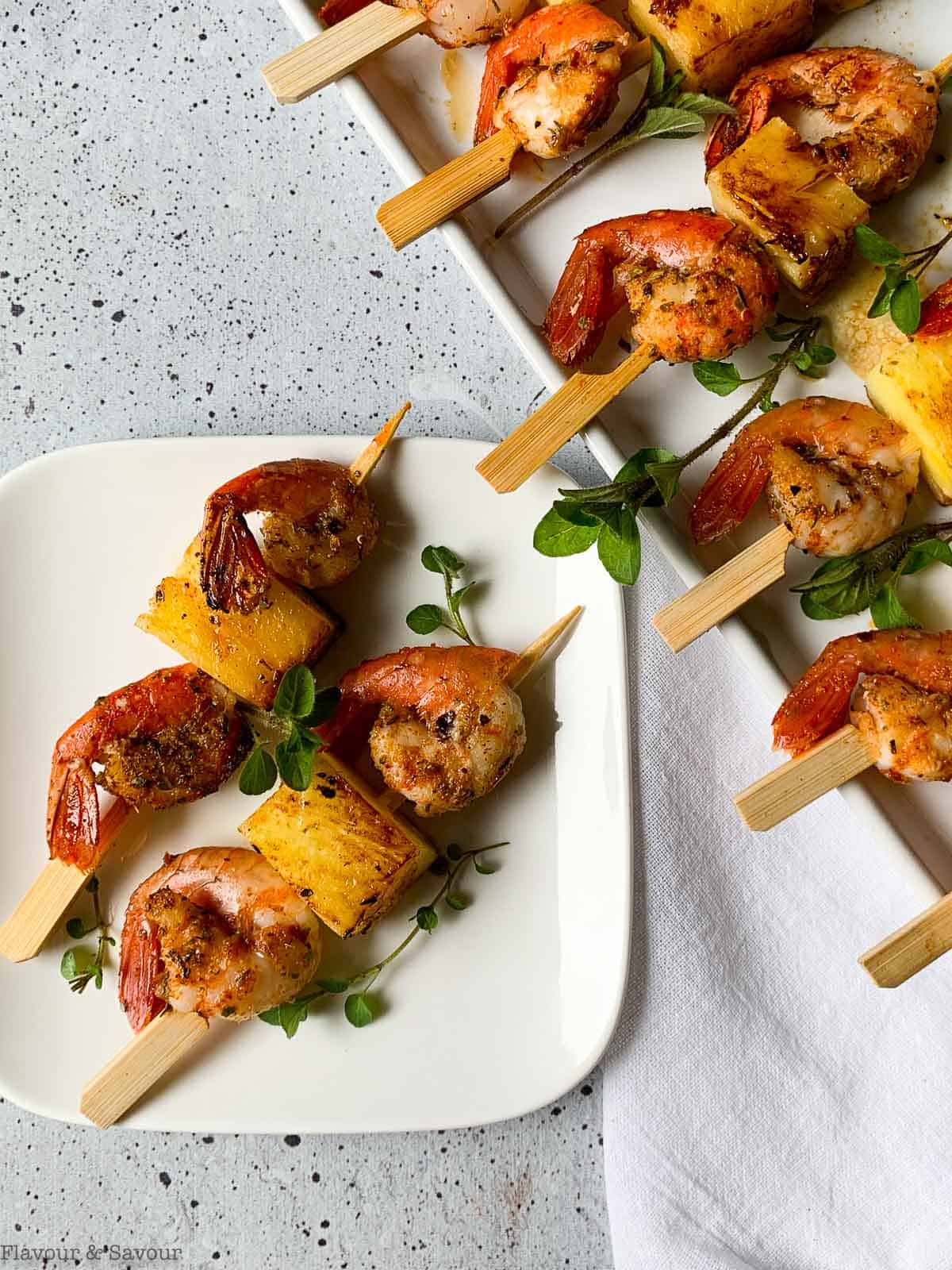 Grilled Cajun Prawn Kabobs with Pineapple on short skewers