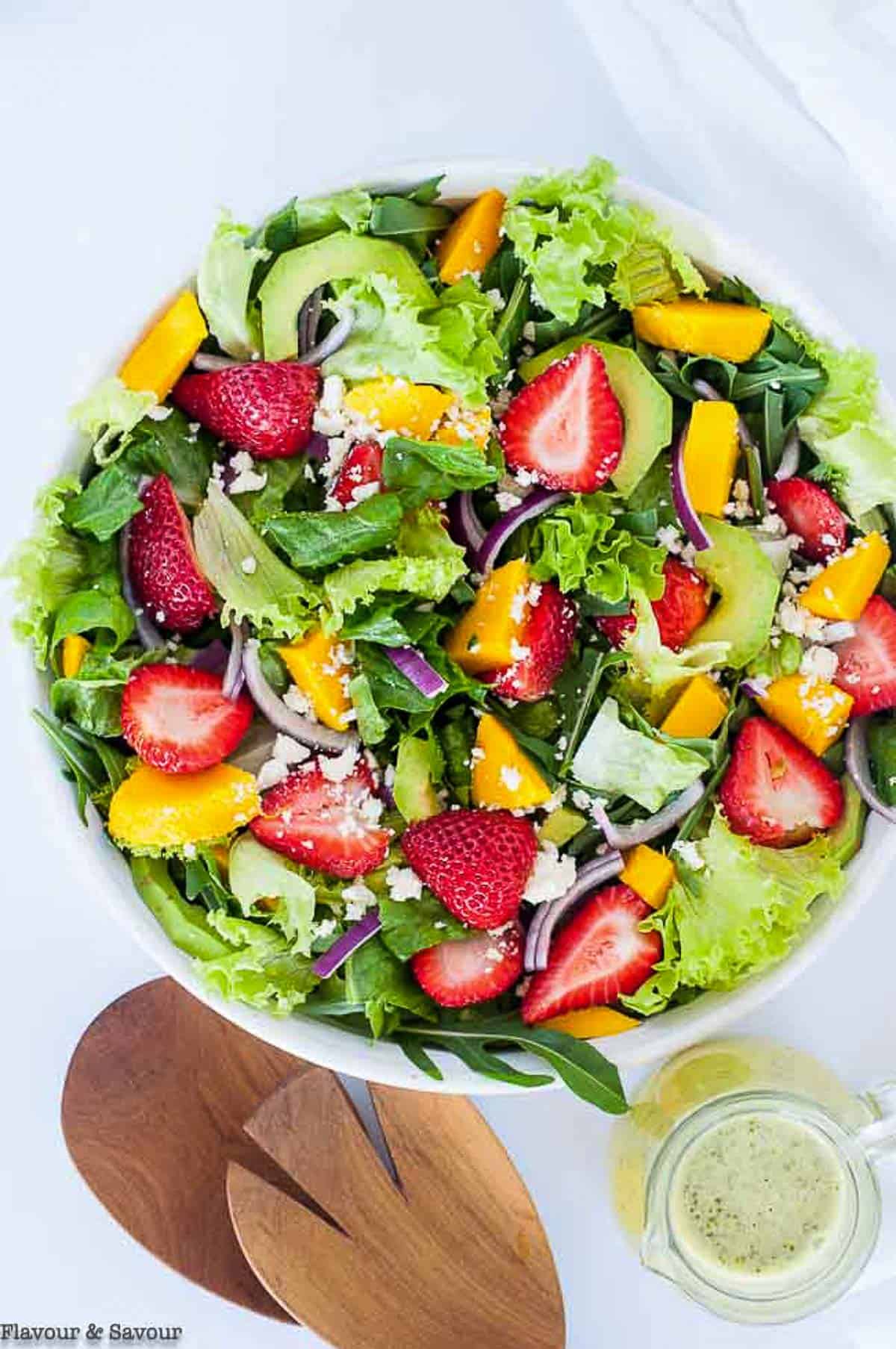 Overhead view of Strawberry Mango Arugula Salad